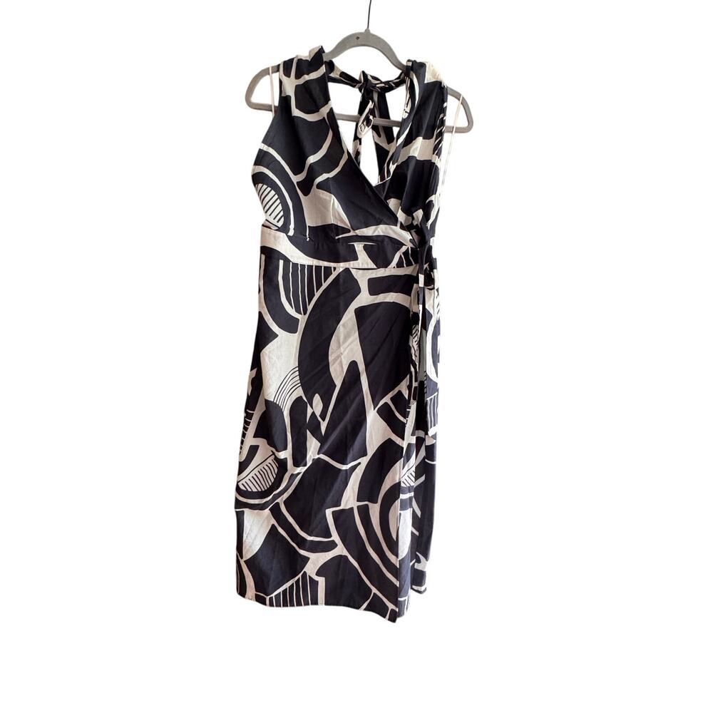 ZARA Black White Abstract Wrap Dress Size L Sleeveless Midi V-Neck